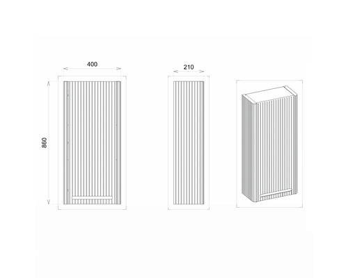 Technische Zeichnung eines Badschranks mit Maßen 400 x 210 x 860 mm.