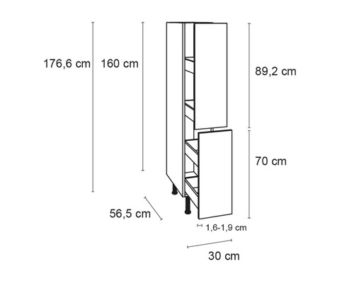 Technische Zeichnung eines Küchenschranks mit Maßangaben