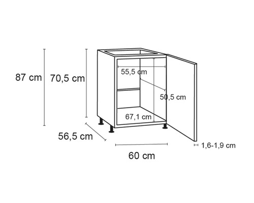 Skizze eines Unterschranks mit Maßangaben