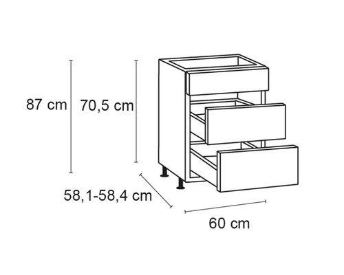 Technische Zeichnung eines Küchenunterschranks mit drei Schubladen und Maßangaben.