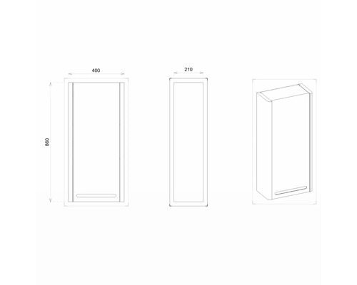 Zeichnung eines Badezimmerschranks mit den Maßen 400 x 860 x 210 Millimeter.