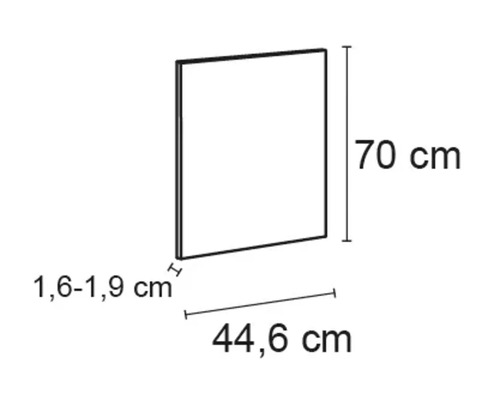 Schranktür mit den Maßen 44,6 cm Breite, 70 cm Höhe und 1,6 bis 1,9 cm Dicke