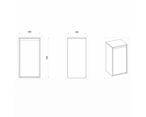 Technische Zeichnung eines Badezimmerschranks mit den Maßen 400 x 350 x 760 mm.