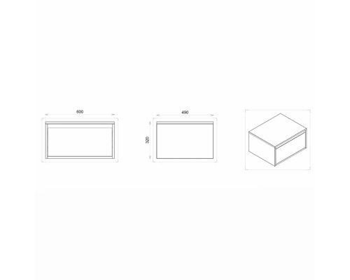 Technische Zeichnung eines Waschtischunterschranks mit Maßangaben.