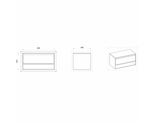 Technische Zeichnung eines Waschtischunterschranks mit Maßangaben