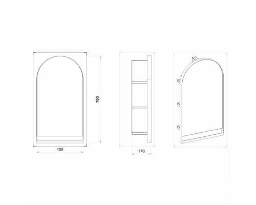 Technische Zeichnung eines Badezimmerregals mit Abmessungen