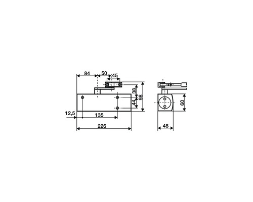Technische Zeichnung eines Türschließers mit Maßangaben.