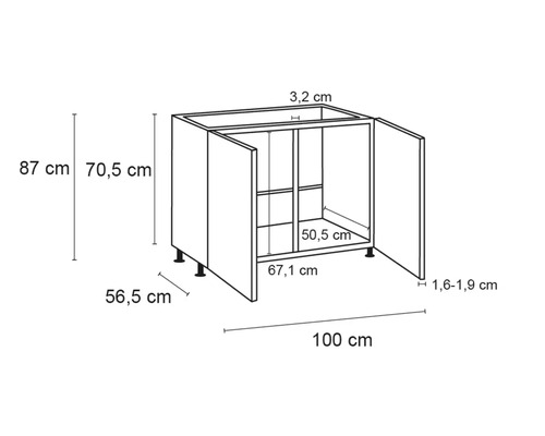 Technische Zeichnung eines Küchenunterschranks mit Maßen
