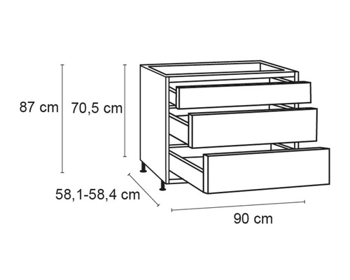 Zeichnung eines Küchenunterschranks mit drei Schubladen und Maßangaben