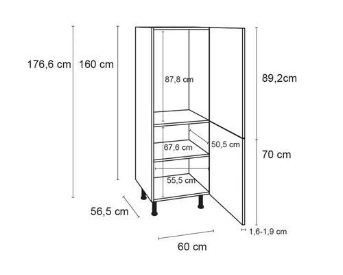 Skizze eines Küchenschranks mit den Maßen Höhe 176,6 cm, Breite 60 cm und Tiefe 56,5 cm.