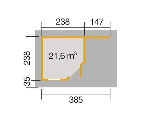 Grundrisszeichnung mit den Maßen 385 x 238 x 147 cm und dem Volumen 21,6 Kubikmeter