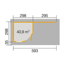 Grundriss mit Maßangaben: 298 x 295 x 593 Zentimeter und 40,9 Kubikmeter Rauminhalt