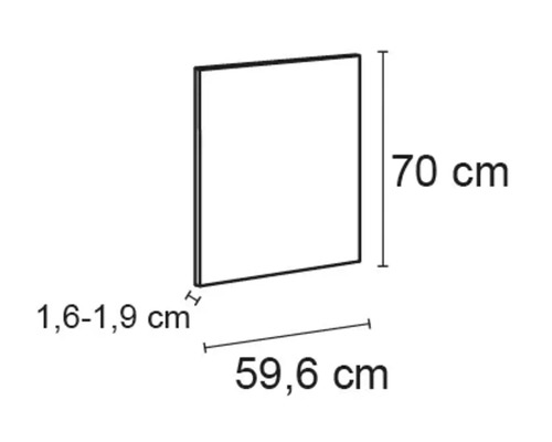 Abbildung einer Möbelplatte mit den Maßen 70 cm Höhe, 59,6 cm Breite und 1,6 bis 1,9 cm Dicke.