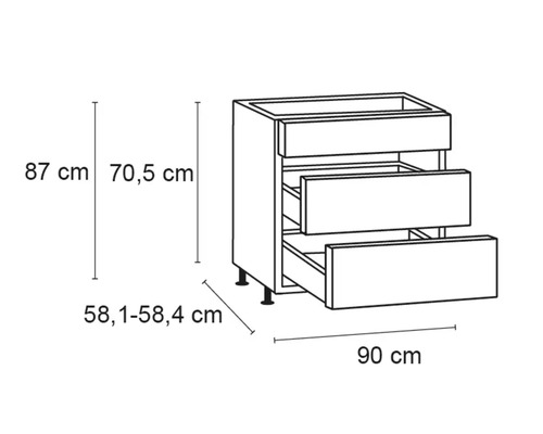 Illustration eines Küchenunterschranks mit drei Schubladen und Maßangaben