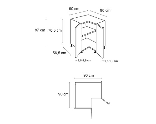 Abmessungen des Eckunterschranks: 90 x 90 Zentimeter