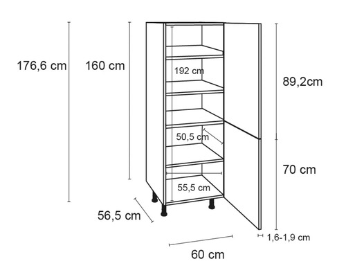 Abbildung mit Maßangaben eines Küchenschranks