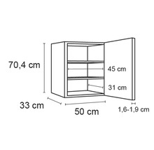 Zeichnung eines Hängeschranks mit den Maßangaben 70,4 cm Höhe, 33 cm Tiefe, 50 cm Breite, Fachbreite 45 cm, Fachhöhe 31 cm, Türstärke 1,6 bis 1,9 cm