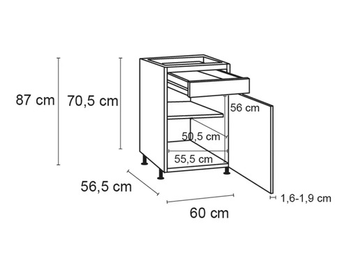 Abbildung eines Küchenunterschranks mit Schublade, Tür und Maßen.