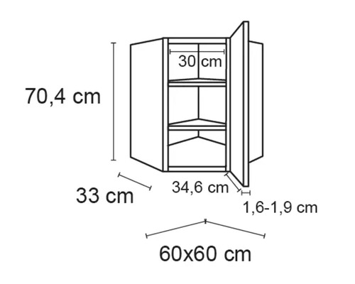 Maßzeichnung Eckhängeschrank mit den Maßen 70,4 cm Höhe, 60 mal 60 cm Breite und 30 cm Tiefe.