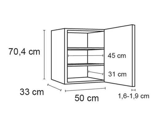 Zeichnung eines Hängeschranks mit den Maßen 70,4 cm Höhe, 33 cm Tiefe und 50 cm Breite