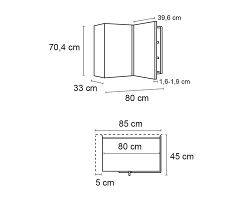 Maßzeichnung eines Spiegelschranks mit den Maßen 70,4 cm Höhe, 33 cm Tiefe, 39,6 cm Breite und 80 cm Länge