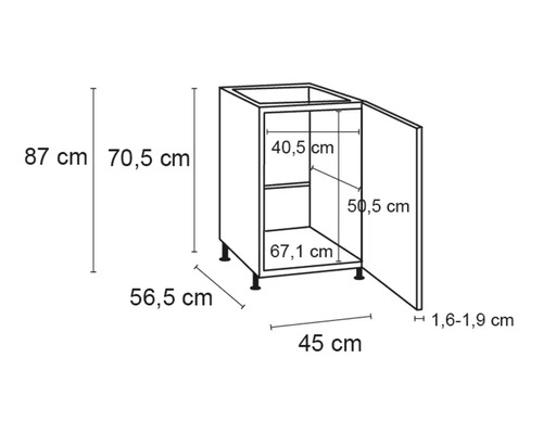 Maßzeichnung Küchenunterschrank mit Tür, 87 cm hoch, 45 cm breit und 56,5 cm tief