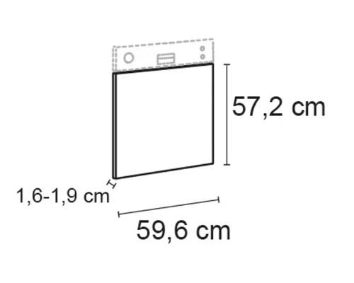 Abbildung mit Maßangaben: 57,2 cm Höhe, 59,6 cm Breite, 1,6 bis 1,9 cm Tiefe