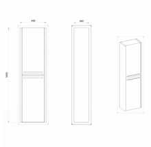 Zeichnung eines Badezimmer-Hochschranks mit den Maßen 450 mm Breite, 260 mm Tiefe und 1650 mm Höhe.