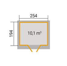 Grundriss mit Angabe der Maße 254 mal 194 Zentimeter und einem Rauminhalt von 10,1 Kubikmetern