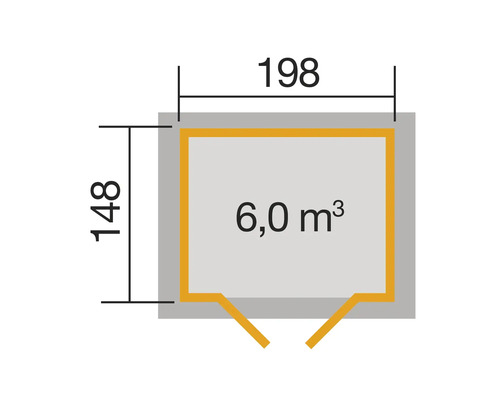 Grundriss einer Gartenlaube mit den Maßen 148 mal 198 Zentimeter und einem Volumen von 6,0 Kubikmetern