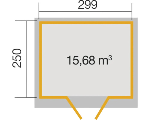 Grundriss mit den Maßen 250 mal 299 und einem Volumen von 15,68 Kubikmeter