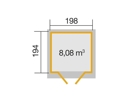 Illustration der Abmessungen 198 mal 194 und des Volumens 8,08 Kubikmeter
