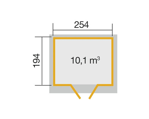 Grundriss mit den Maßen 254 Zentimeter mal 194 Zentimeter und einem Volumen von 10,1 Kubikmetern