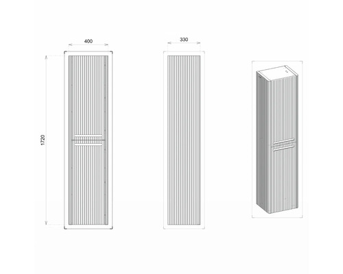 Technische Zeichnung eines Badezimmerschranks mit den Maßen 1720 x 400 x 330 mm.
