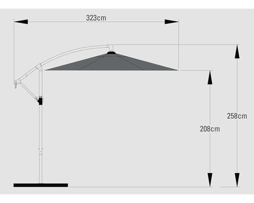 Seitenarmschirm Maße: 323 cm Breite, 258 cm Höhe, 208 cm Höhe bis Schirmdach