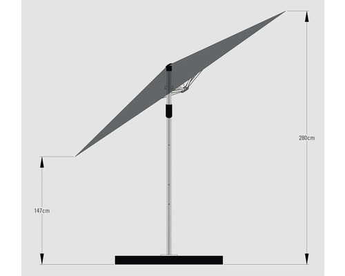 Skizze eines Sonnenschirms mit Höhenangabe 280 cm und 147 cm