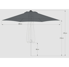 Technische Zeichnung eines Sonnenschirms mit Maßangaben: 398 cm Breite, 276 cm Höhe, 218 cm Höhe bis zum Schirmdach und 69 cm Höhe des Fußes.