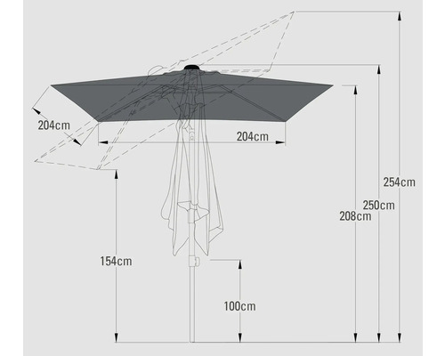 Technische Zeichnung eines Sonnenschirms mit Maßangaben