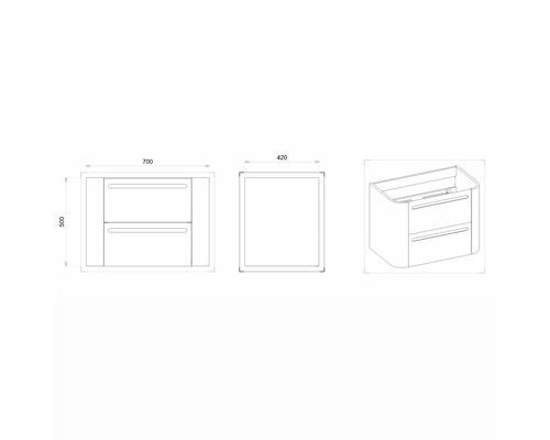 Technische Zeichnung eines Waschtischunterschranks mit zwei Schubladen und Maßangaben.