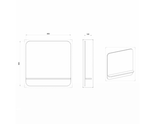 Technische Zeichnung eines Spiegels mit Ablage und den Maßen 860x860x140 Millimeter.