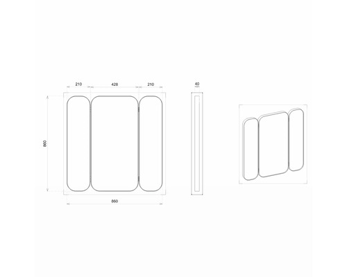 Technische Zeichnung eines Spiegelschranks mit Abmessungen.