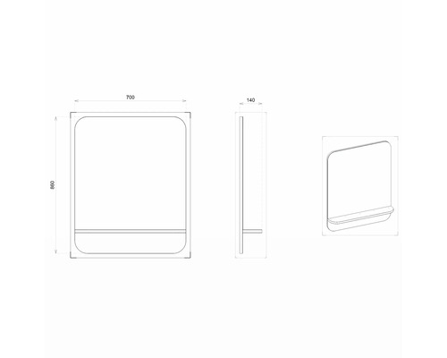 Technische Zeichnung eines Spiegelschranks mit den Maßen 700 x 860 x 140 mm.