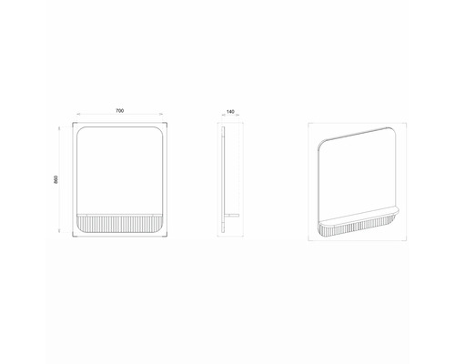 Technische Zeichnung eines rechteckigen Spiegels mit Ablage und abgerundeten Ecken mit den Maßen 700 x 860 x 140 Millimeter.