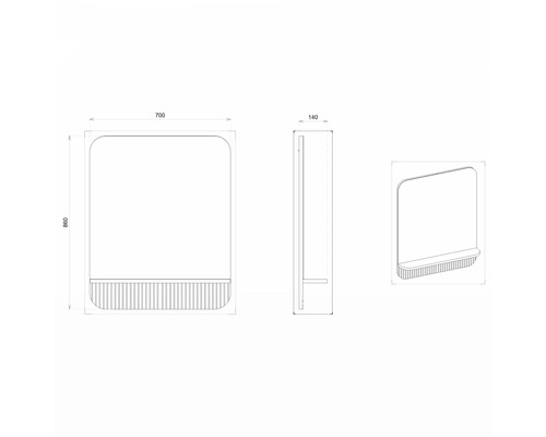 Technische Zeichnung eines Spiegelschranks mit Abmessungen 700 x 860 x 140 mm