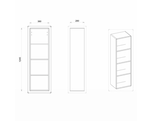 Technische Zeichnung eines Schranks mit den Maßen 1245 x 380 x 280 mm