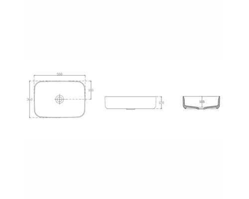 Zeichnung eines Aufsatzwaschbeckens mit Maßangaben