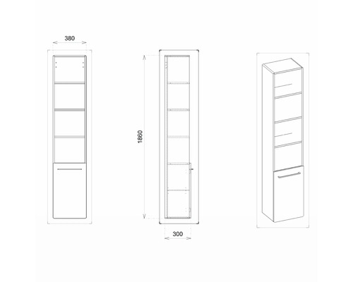 Technische Zeichnung eines Hochschranks mit den Maßen 380 x 300 x 1860 Millimeter.