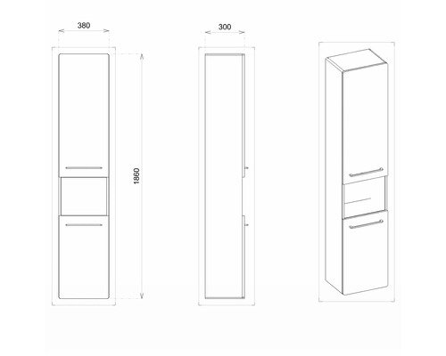 Zeichnung eines Badezimmer-Hochschranks mit Maßangaben.