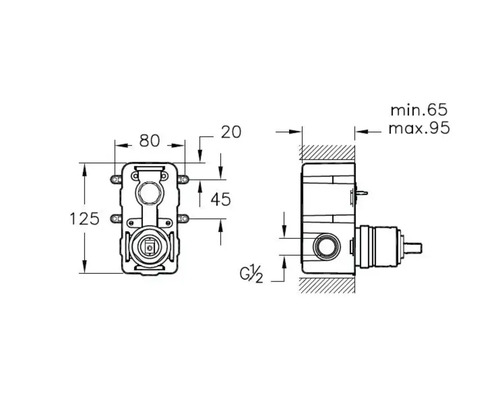 Technische Zeichnung eines Unterputzkörper mit Maßangaben
