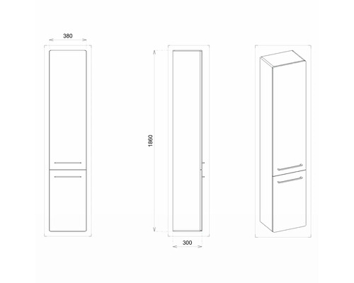 Technische Zeichnung eines Badezimmerschranks mit Maßen.